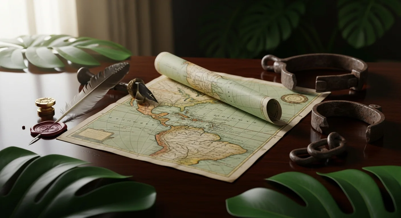 A still life with an old map, wax seal, quill, and broken shackles symbolizing emancipation during the Haitian Revolution