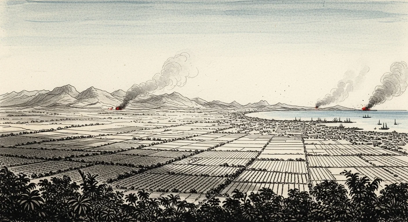 A stylized historical illustration showing Saint-Domingue's coast and plantation landscape with distant smoke and a harbor near Cap-Haitien