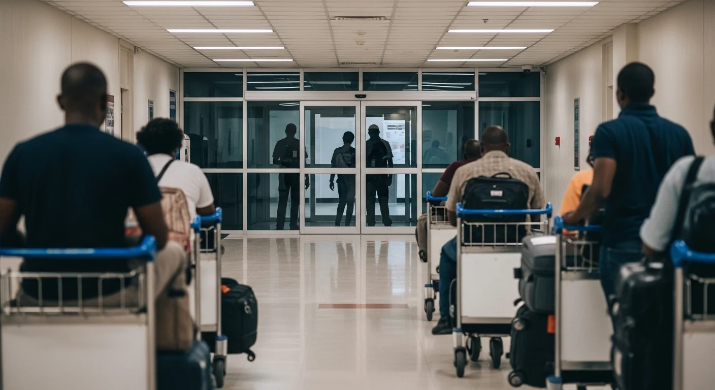 A subdued airport corridor scene with travelers blurred in the distance and a sense of heightened security, with no readable signs