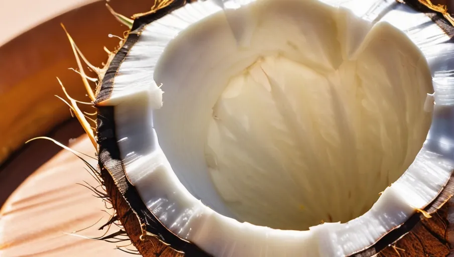 A close-up of a freshly-cut coconut,