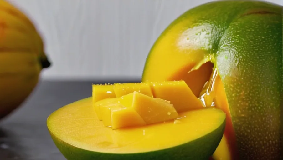 A close-up of two ripe mangoes,