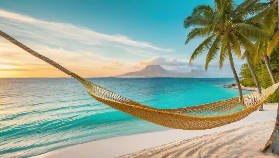 A hammock hangs between two trees inviting relaxation and tranquility