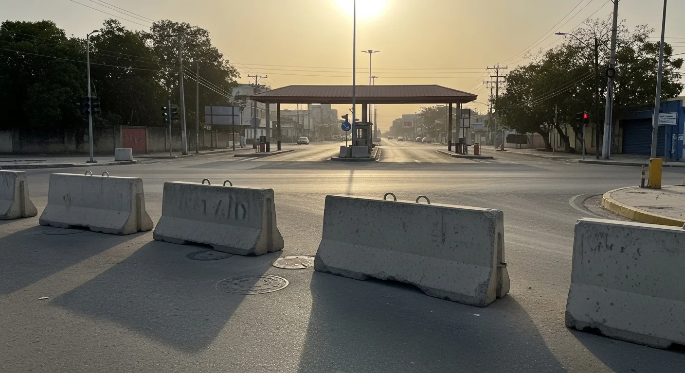 An empty city intersection with barriers and a distant checkpoint, suggesting restricted movement and heightened caution