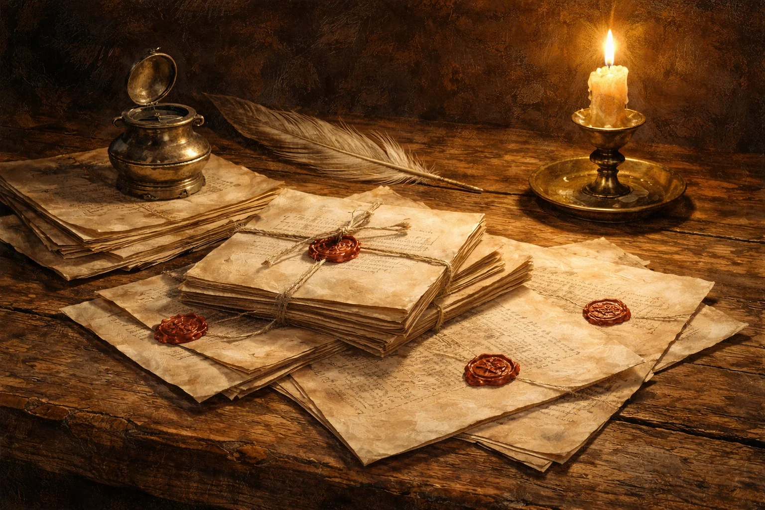 An illustrated still life of archival papers and sealed correspondence representing Haiti's post-independence diplomacy.