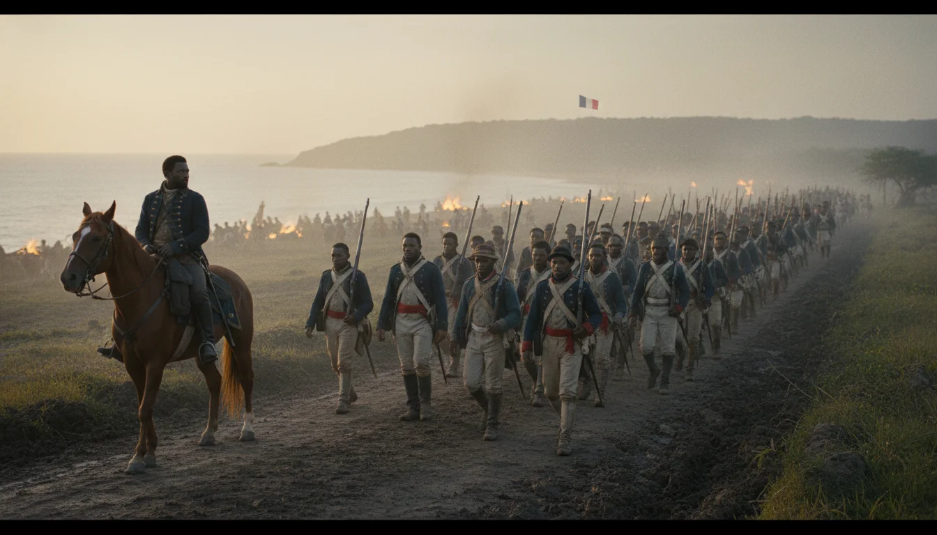 An officer on horseback watches a revolutionary column advance during the southern campaign
