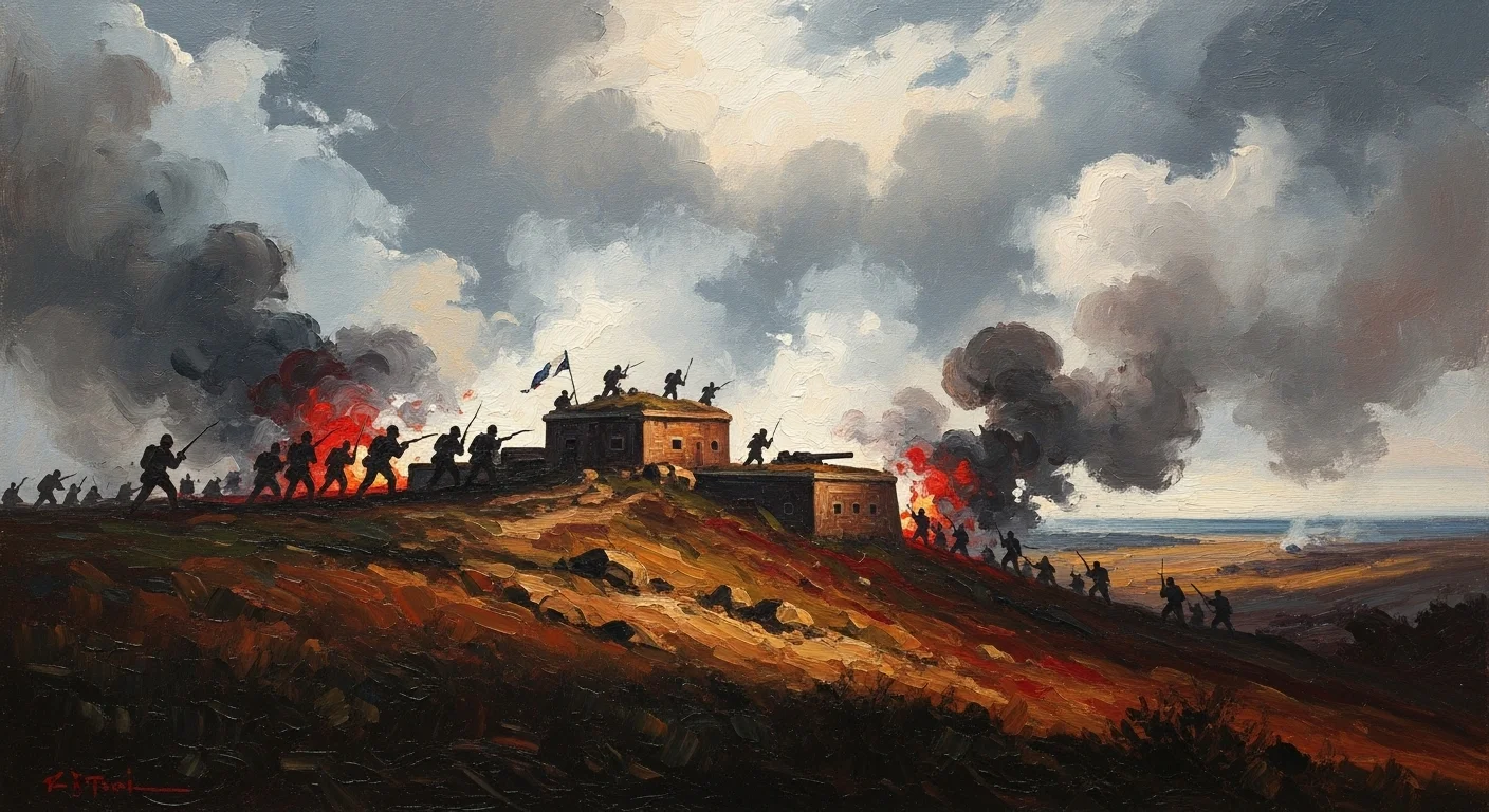Haiti Revolution History An oil painting style battlefield scene with silhouettes, smoke, and a hillside fort representing the final campaign near Vertieres