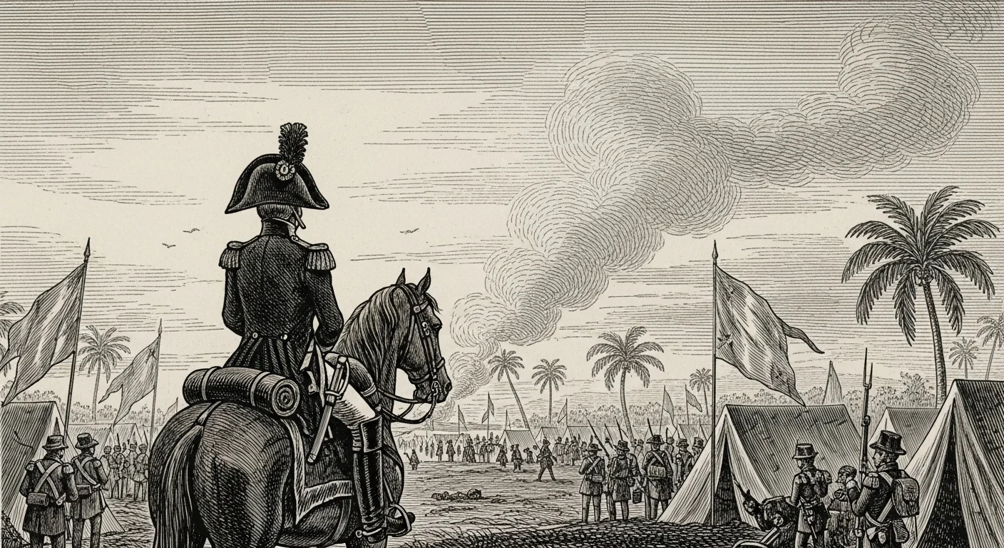 Engraving-style scene of a Haitian Revolution encampment at dawn with an unidentifiable commander on horseback seen from behind.