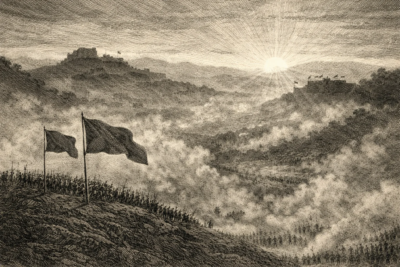 Engraving-style scene suggesting late Haitian Revolution battles without showing identifiable people.