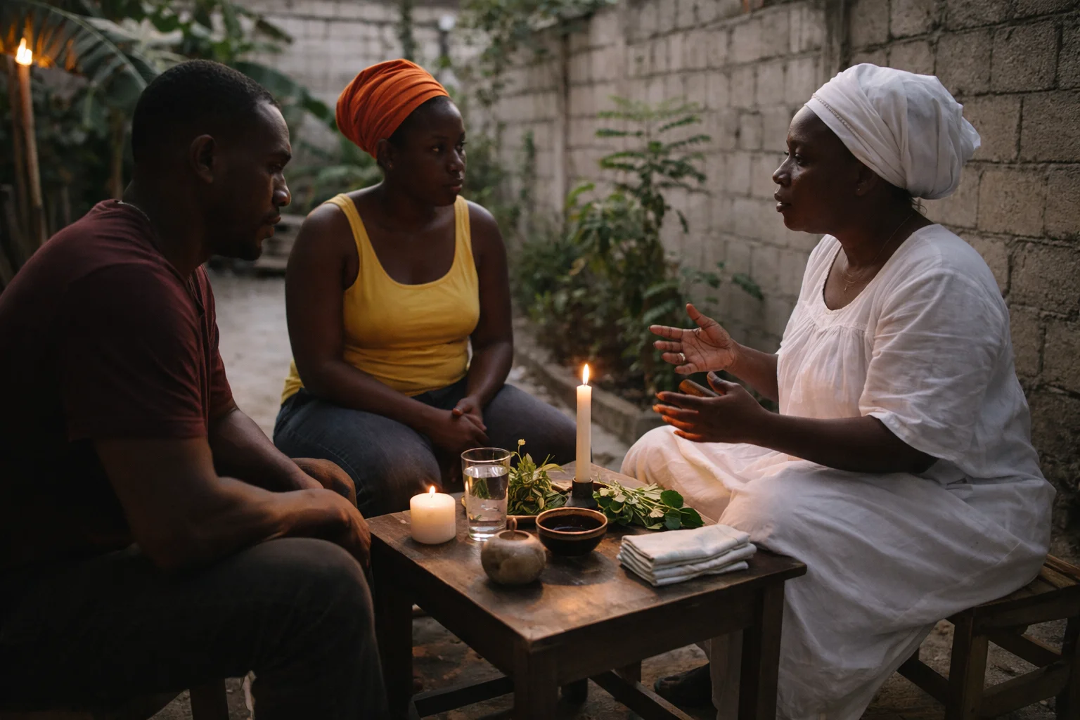 Haitian Vodou healing consultation in a modest home courtyard in Haiti