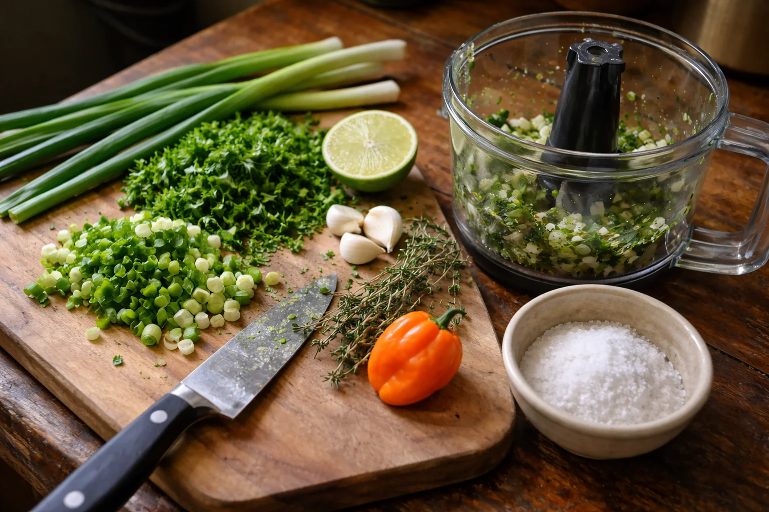 Haitian cooking prep scene on a kitchen counter