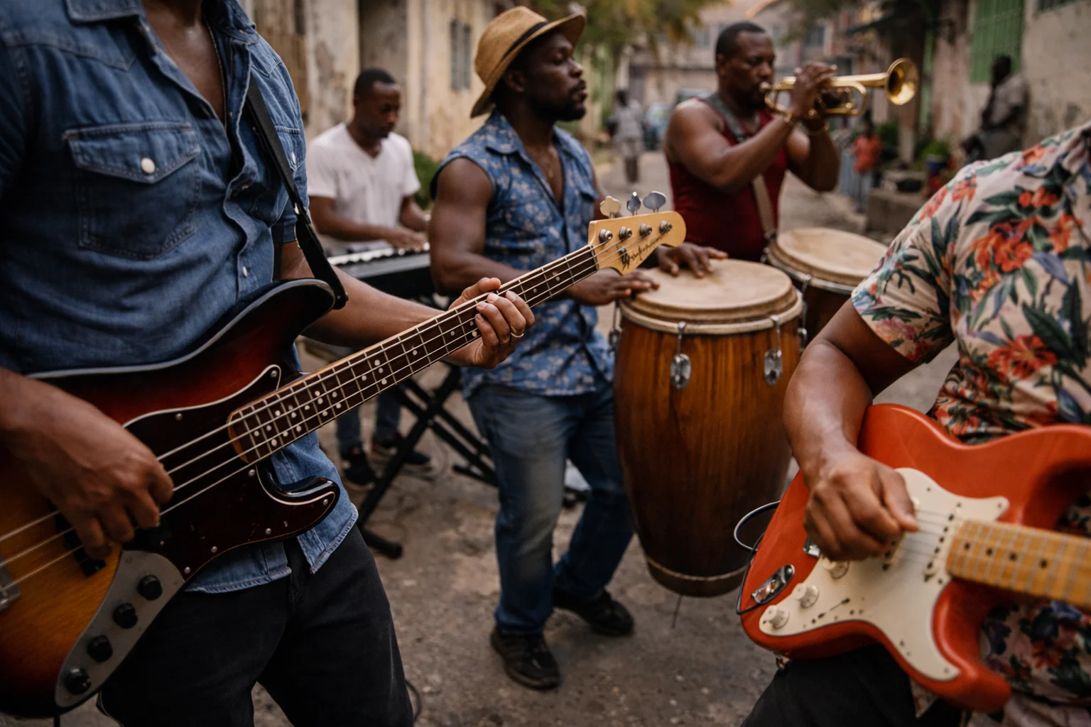 Haitian kompa band performing outdoors in daylight