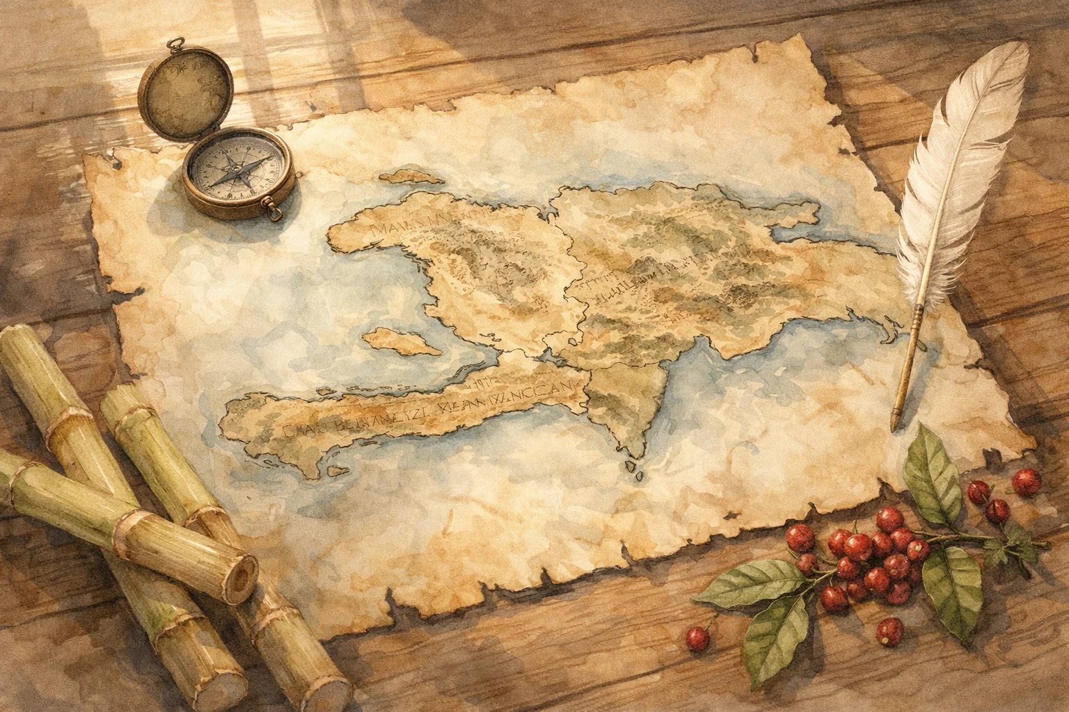 An illustrated old map of Hispaniola on a desk with historical tools, symbolizing a Haitian Revolution timeline.