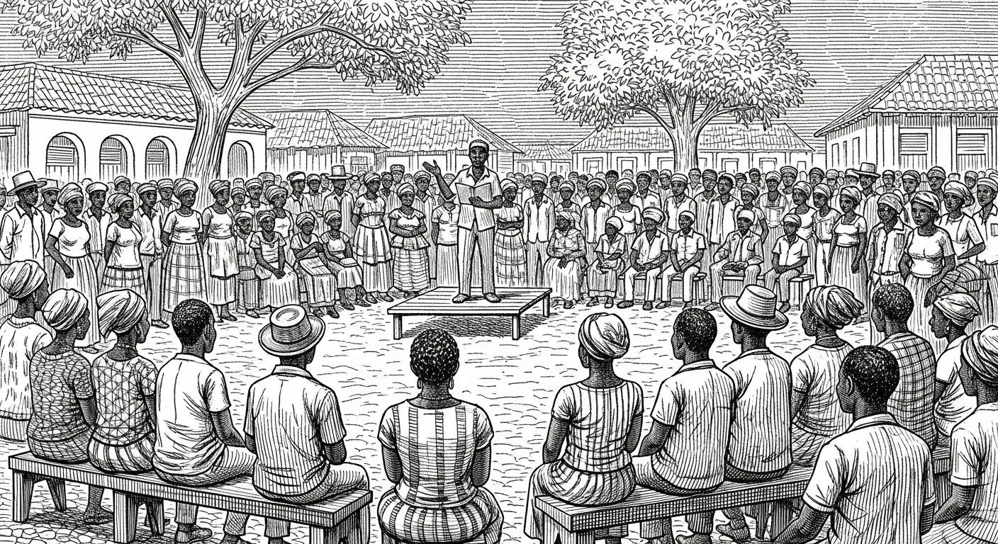 Illustration suggesting a public proclamation in Gonaïves on January 1, 1804.
