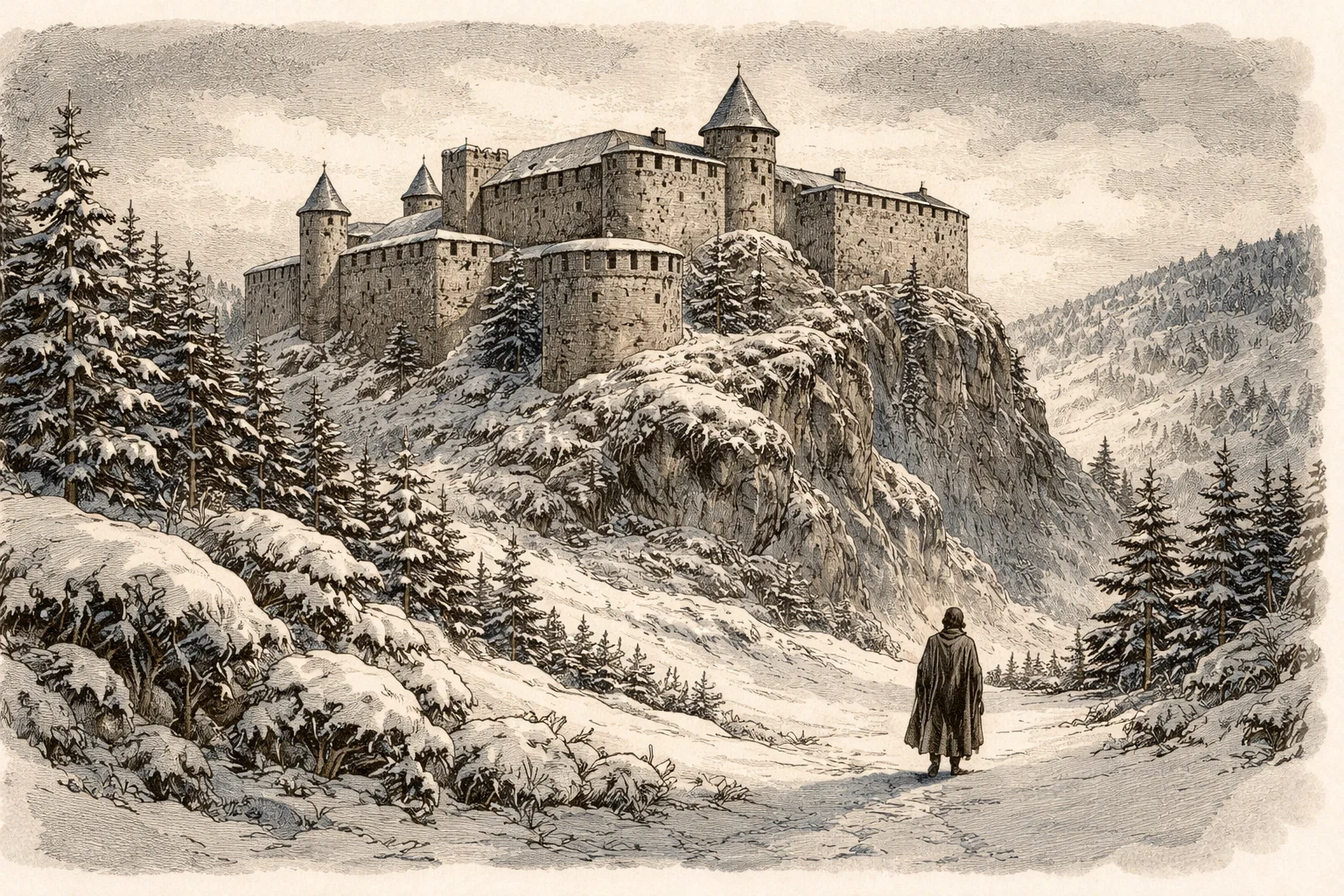 Ink-and-wash illustration of a snowy stone fortress symbolizing Fort-de-Joux, where Toussaint Louverture died in captivity