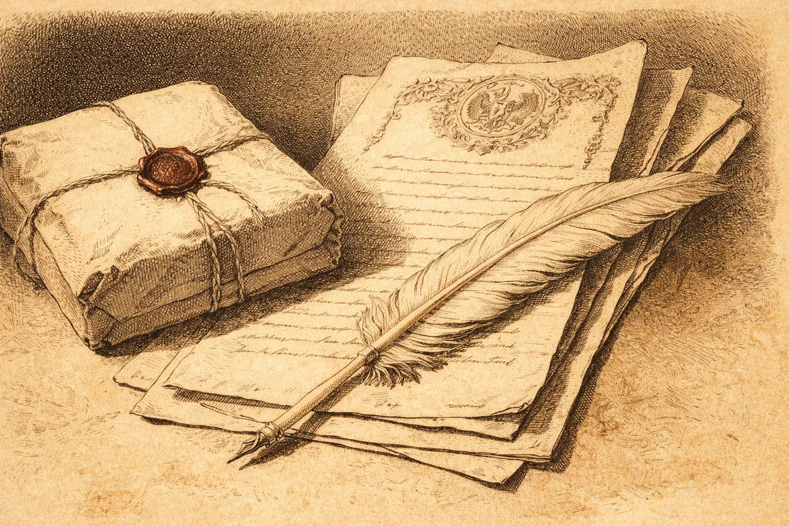 Lithograph-style still life of sealed papers and a quill representing the 1801 Constitution of Saint-Domingue