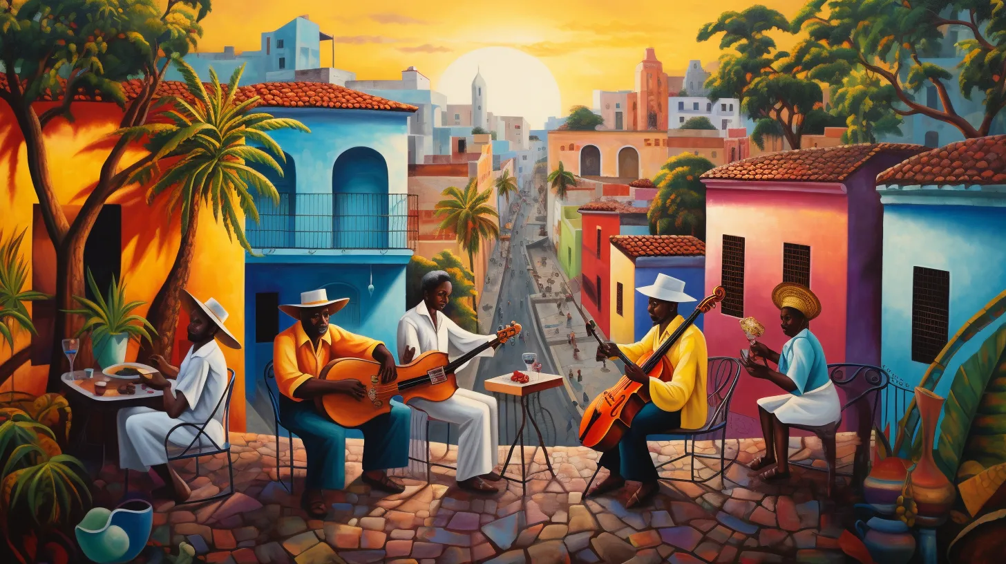 musicians playing traditional instruments surrounded by Spanishinfluenced architecture and art