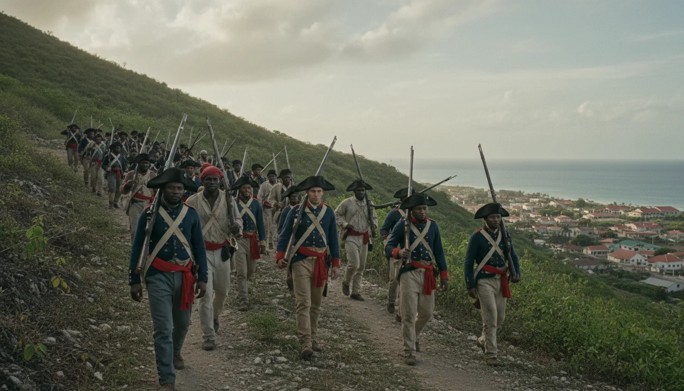 Revolutionary troops from different social groups march above a southern port town during the War of Knives