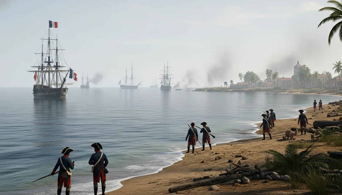 Sailing ships offshore during wartime pressure along the southern coast of Saint-Domingue