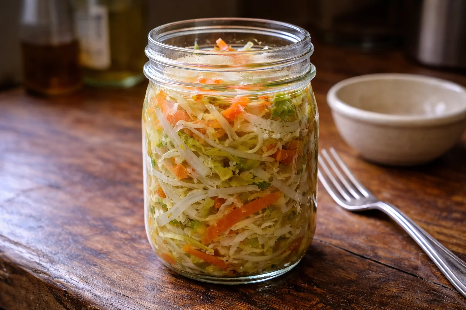 a mason jar filled with pikliz shredded cabbage and carrots with thin onion slices and visible pepper pieces
