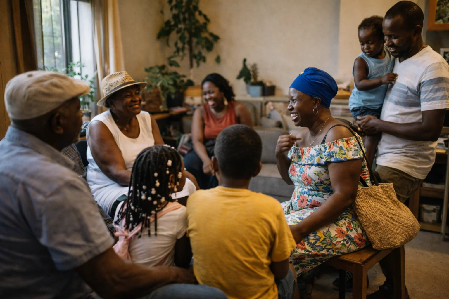 a multi-generational Haitian diaspora family gathering in a small apartment living room or backyard