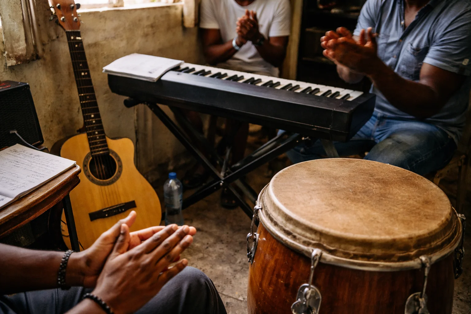 a small Haitian music rehearsal in a modest indoor room