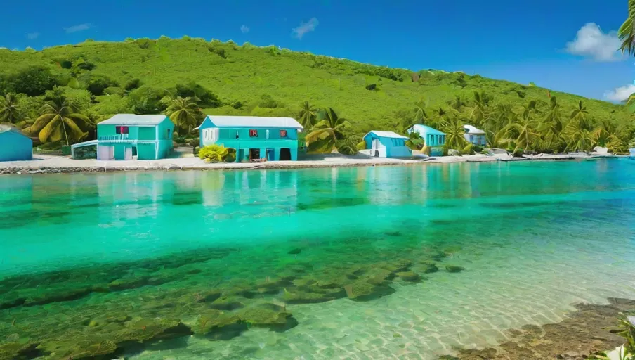 beaches and vibrant colored houses nestled against lush green hills