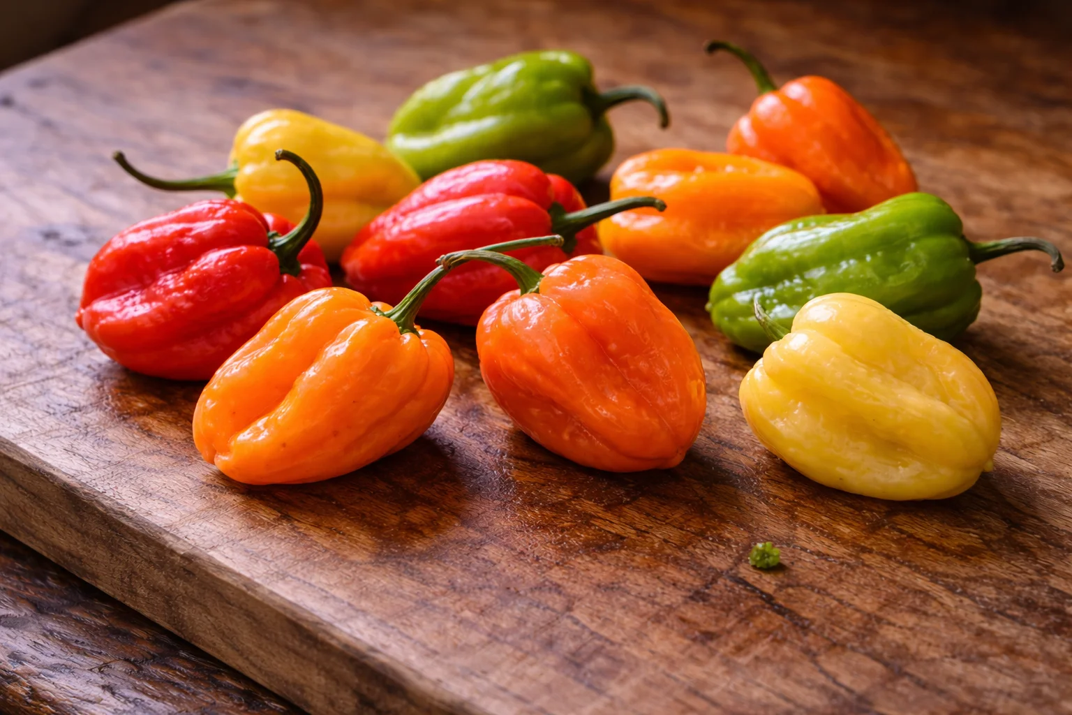 close-up of a single scotch bonnet pepper on a worn wooden cutting board
