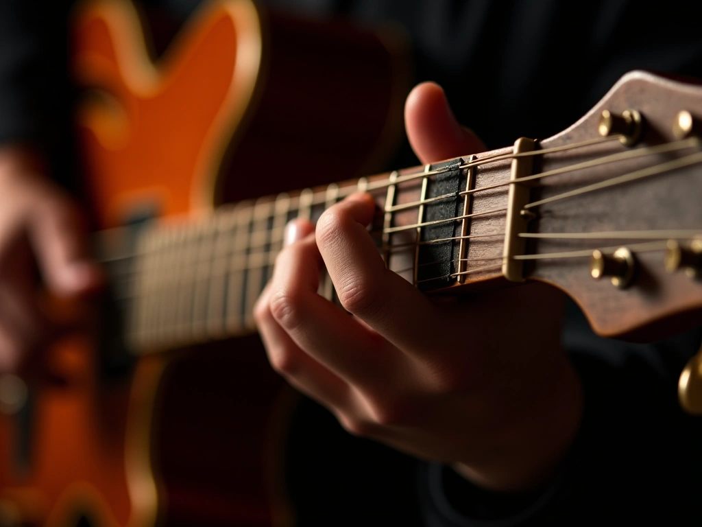 Photorealistic close-up of a guitar fretboard during a performance, showcasing jazz chord voicings and syncopated strummin...