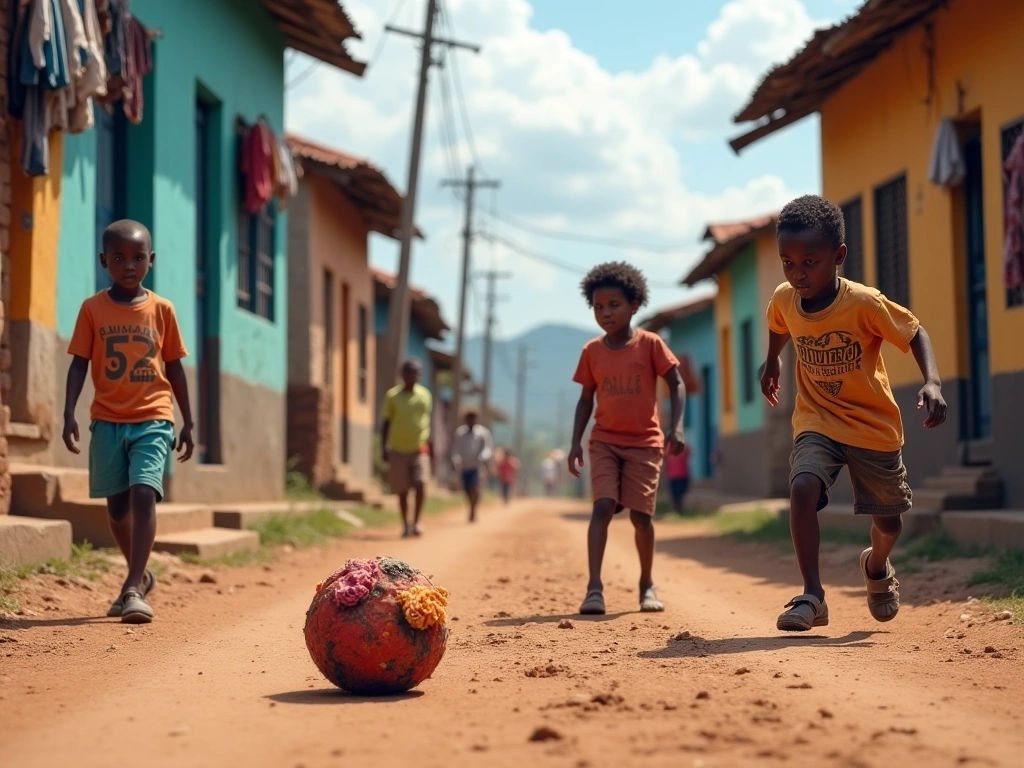 Photorealistic image of a dusty, uneven street in a vibrant Haitian neighborhood. Children play soccer with a makeshift ba...