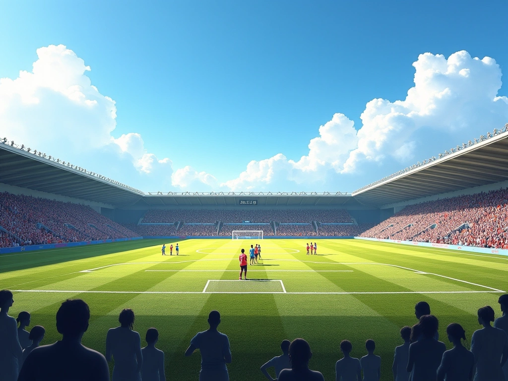Photorealistic image of a soccer field in Haiti. Two women's soccer teams are facing off during the day. The field is worn...