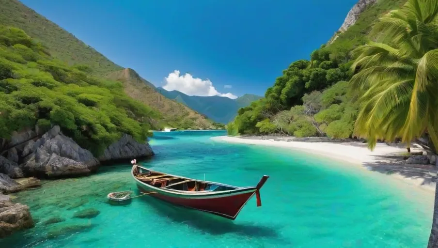 gently caress a secluded beach dotted with colorful fishing boats