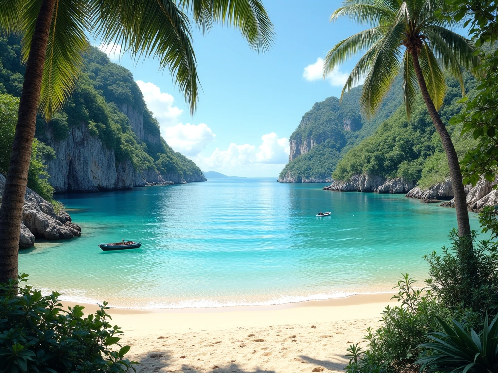 Photorealistic image of a calm, clear turquoise bay in Haiti. The bay is enclosed by two large, rocky promontories. Dense ...