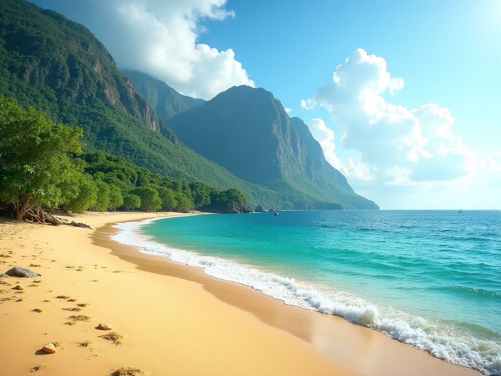 Photorealistic image of a golden sand beach on the northern coast of Haiti. Turquoise water is protected by a visible cora...