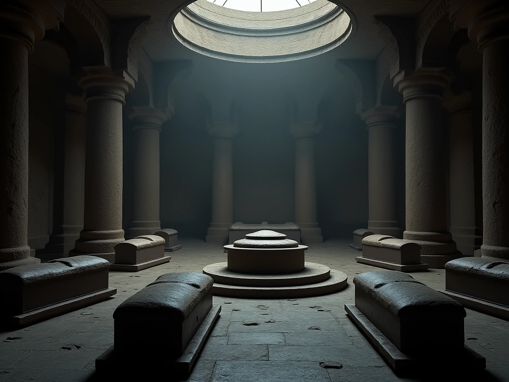 Photorealistic, dimly lit interior of a mausoleum. Sarcophagi are arranged in a circle around a central space. Soft light ...