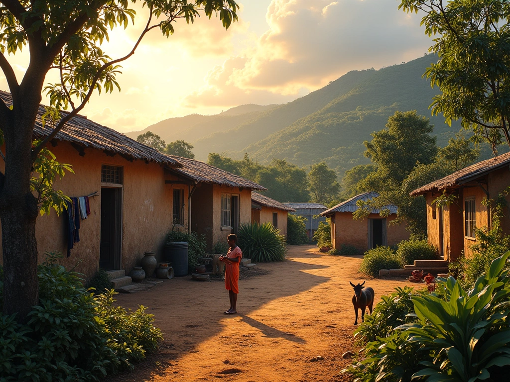 Photorealistic wide shot of a traditional Haitian 'bitasyon' (family homestead). Focus on the architecture of the intercon...