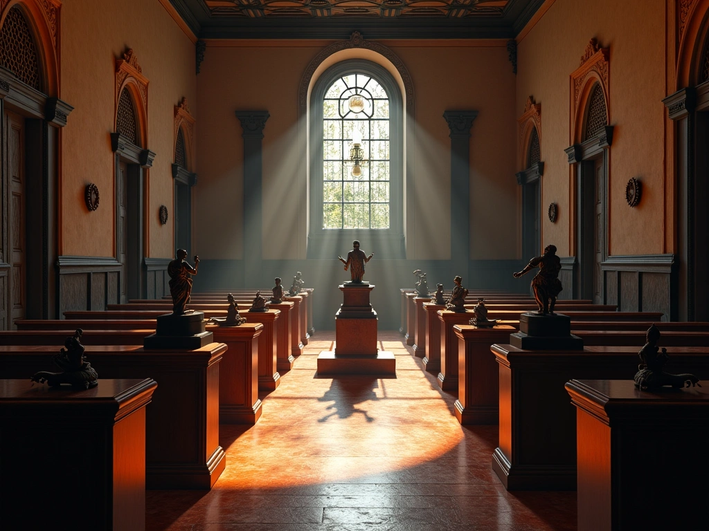 Photorealistic view of a Masonic lodge interior in Haiti, focusing on the architectural details, symbolic objects on pedes...