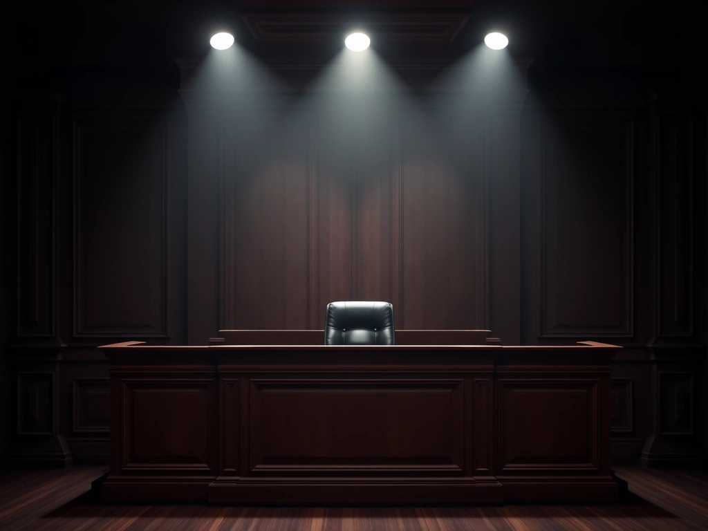 Photorealistic courtroom scene, dramatic lighting, empty judge's bench, dark wood paneling, focused spotlights, suggesting...