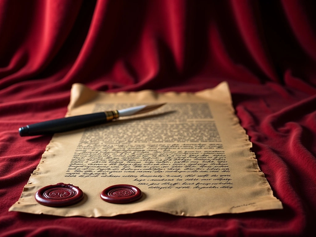 Photorealistic image of an ornate, antique document with wax seals, quill pen resting on it, heavy velvet drapes in the ba...