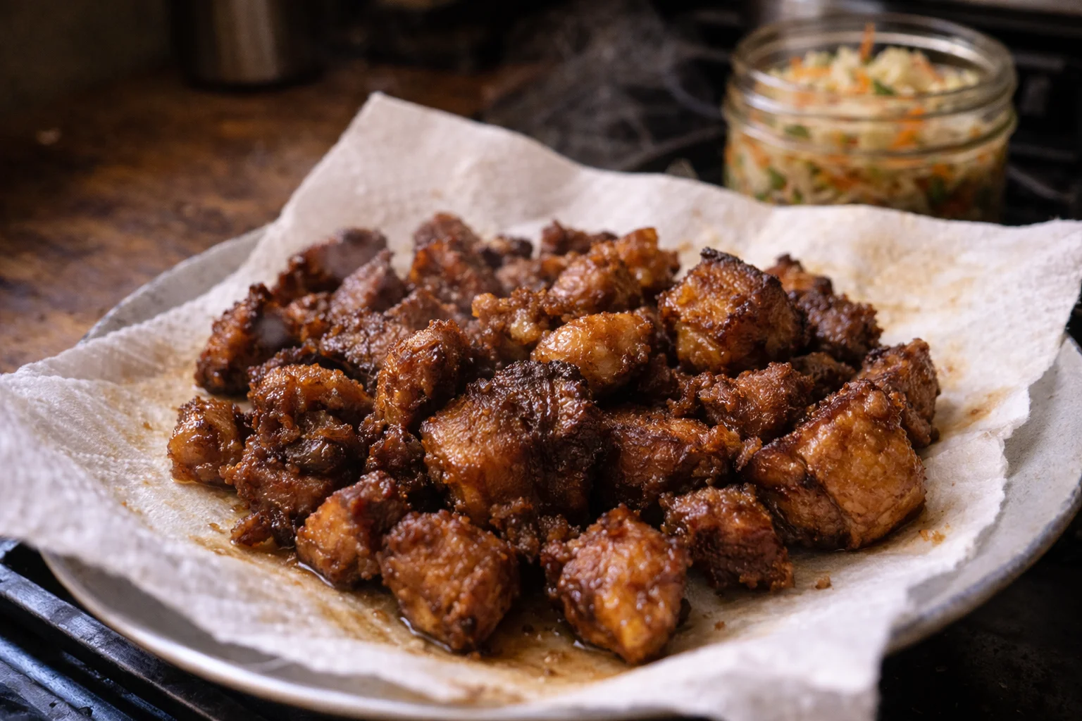 home kitchen of griyo pork chunks just after frying