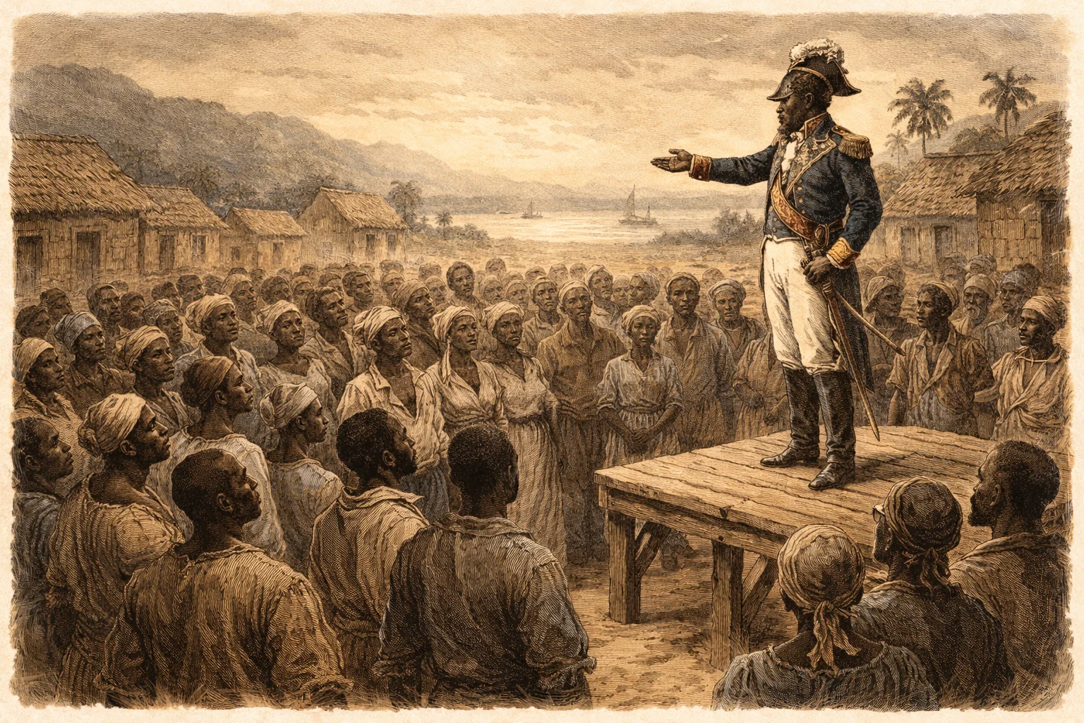illustration of Jean-Jacques Dessalines standing on a simple wooden platform in a Caribbean coastal town square in Gonaïves