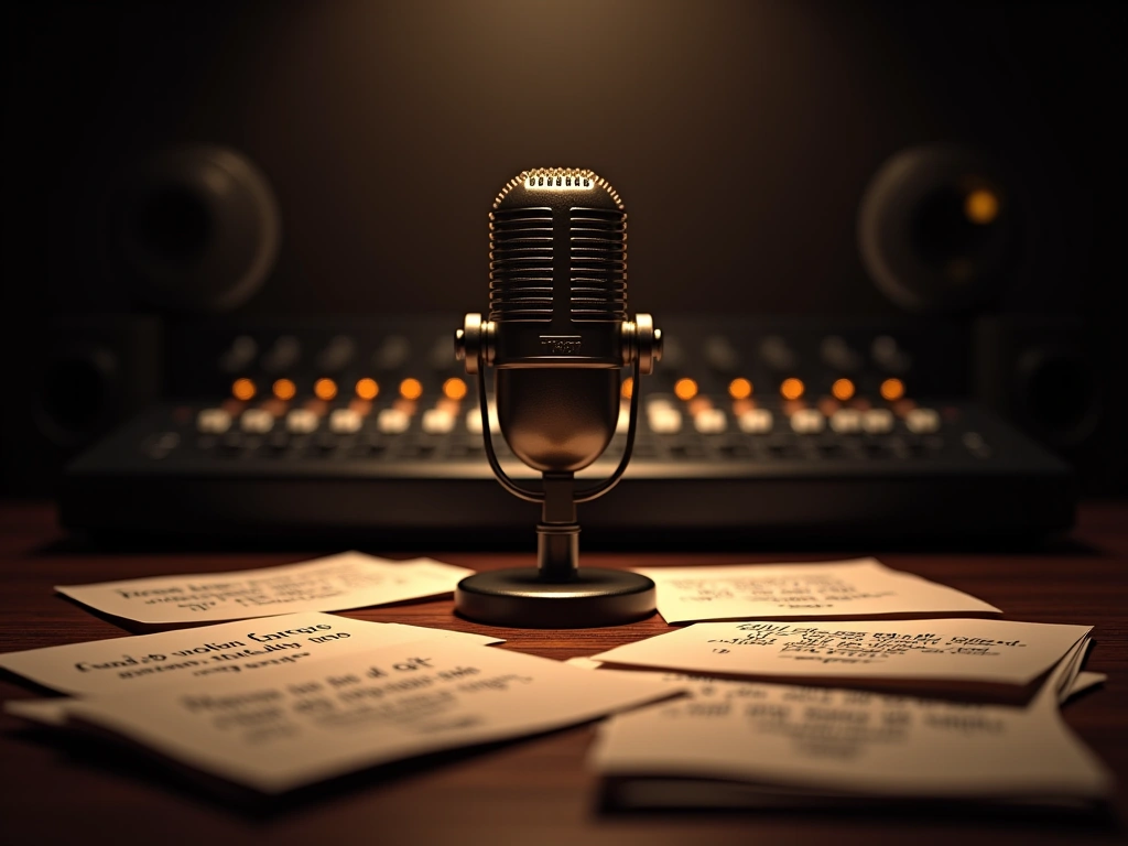 A photorealistic, dimly lit recording studio. A vintage microphone stands center, surrounded by scattered lyric sheets wit...