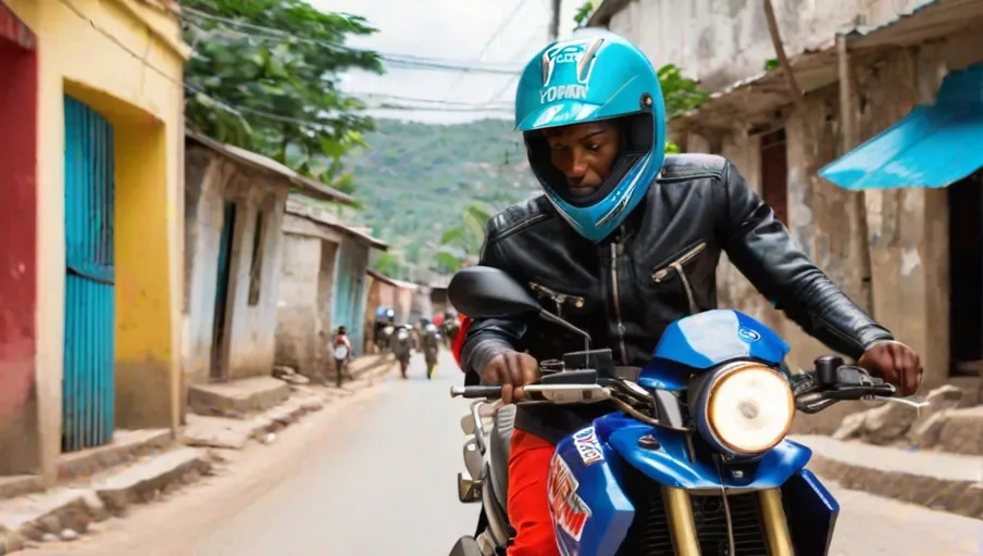 motorcycle amidst a bustling Haitian street exuding confidence and thrill