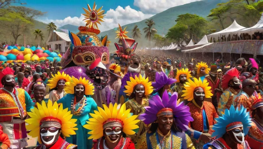 papiermâché masks surrounded by joyful crowds in traditional Haitian attire