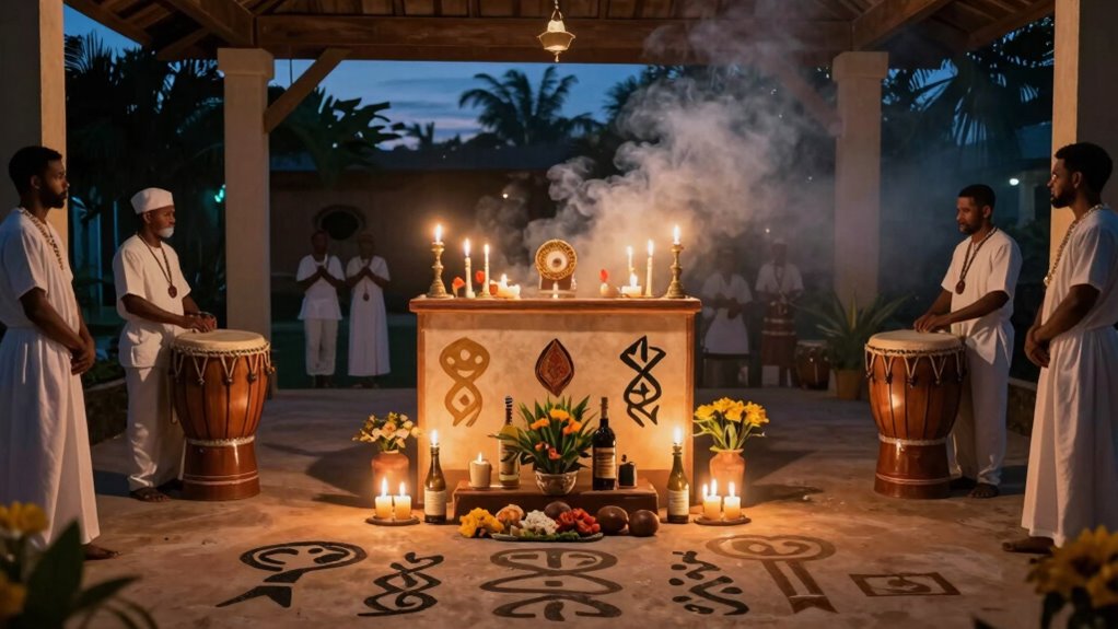 Peristil altar area with candles, offerings, and lwa symbols