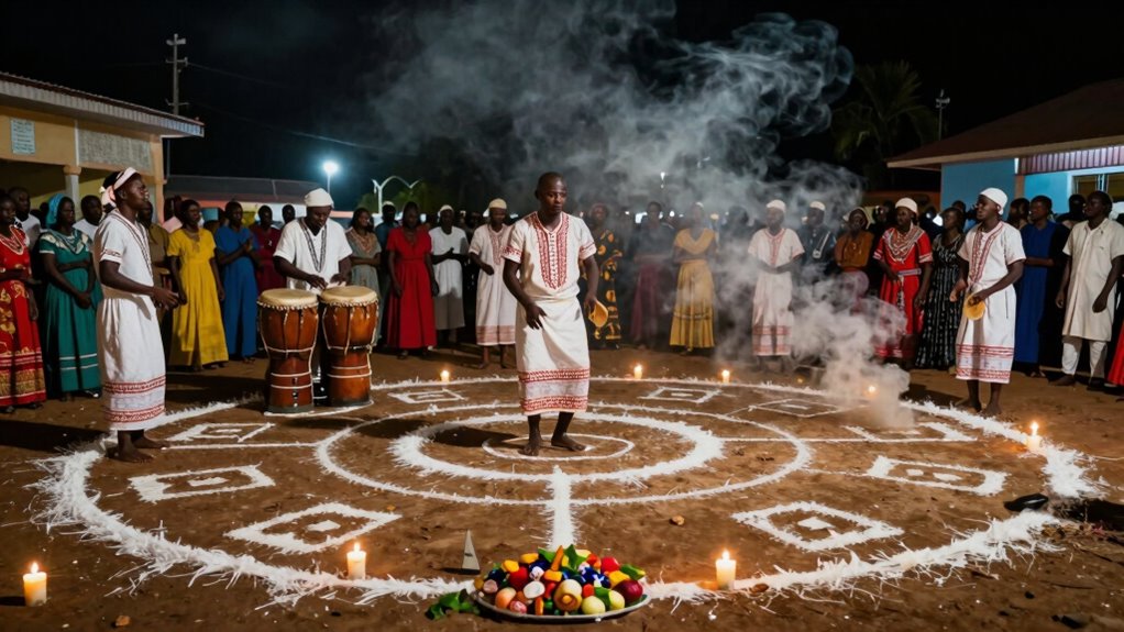 Vodou peristil with poto mitan, vèvè drawings, and drapo flags