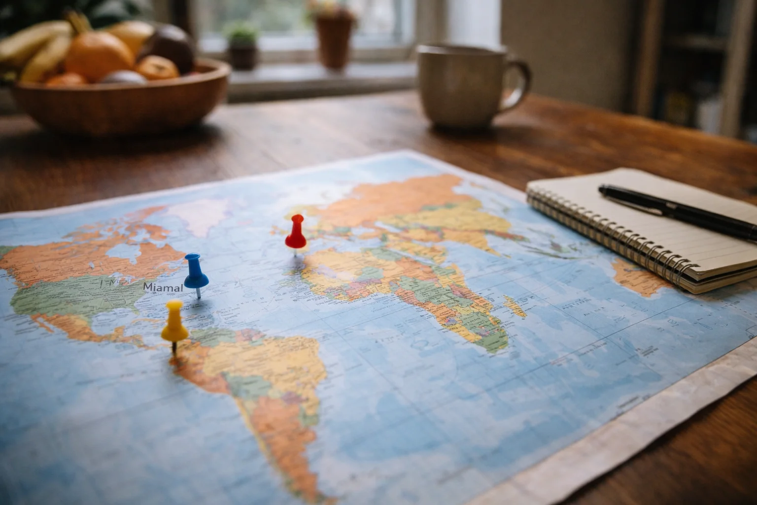 photo of a kitchen table or desk with a paper world map and simple pushpins or stickers marking diaspora hubs