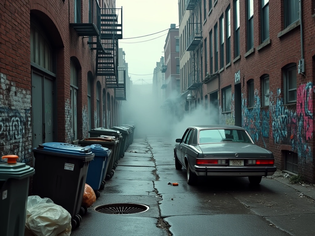 Photorealistic, gritty alleyway scene in East Flatbush, Brooklyn in the 1980s. Overcast lighting, overflowing trash cans, ...