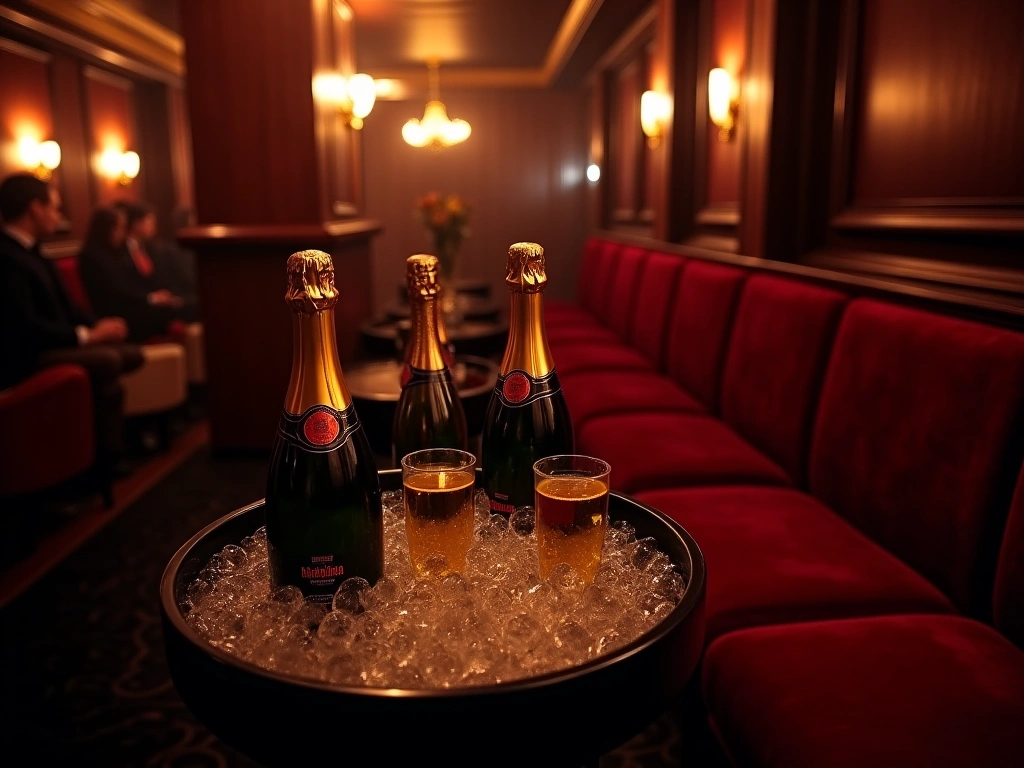 Photorealistic, dimly lit VIP section of a 1990s Manhattan nightclub. Bottles of champagne on ice, plush velvet seating, d...