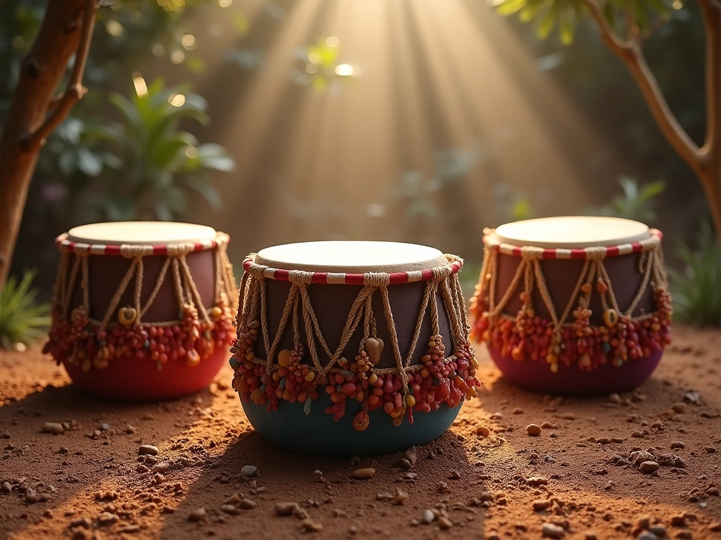 Photorealistic image of three 'tanbou rada' drums arranged in a semi-circle on a packed earth floor. The drums are adorned...