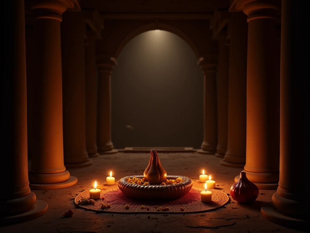 Photorealistic image of a darkened peristyle (Vodou temple) illuminated by candlelight, with shadows dancing on the walls....